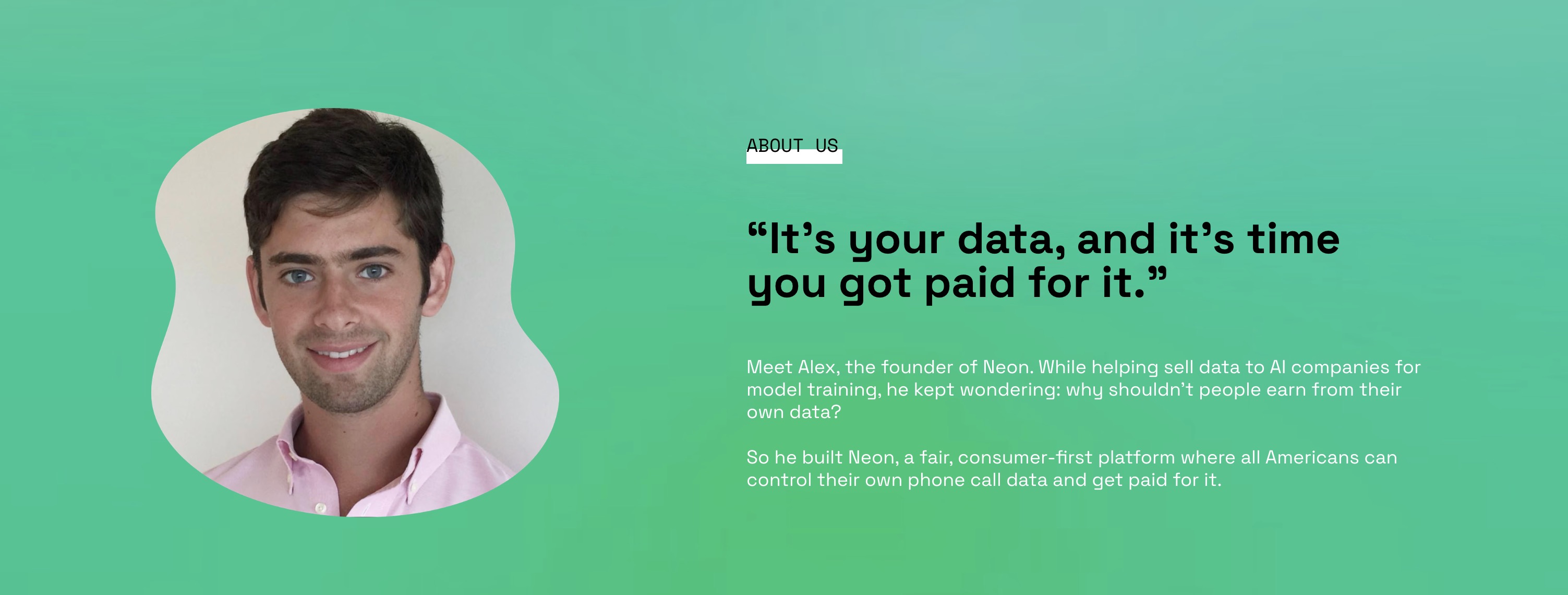 Neon mobile website screenshot showing founder "Alex"